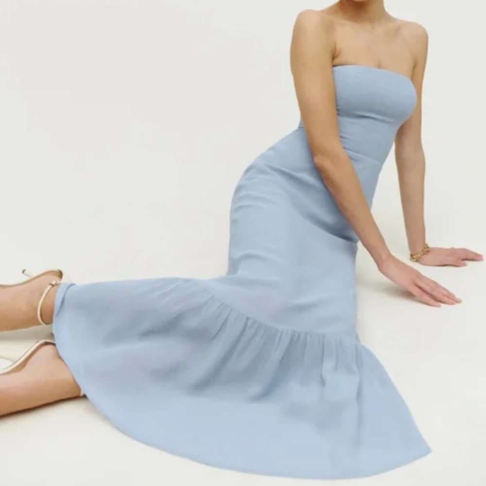 Reformation Blue Arta Strapless Midi Dress - Mineral Size 8